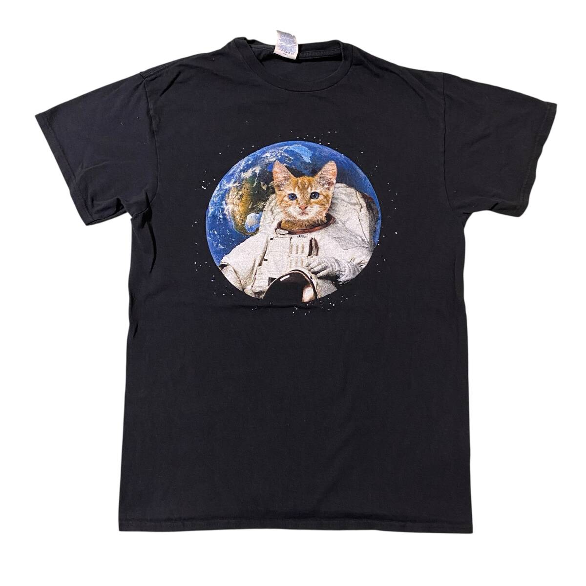 アメリカ古着 猫 ネコ 宇宙飛行士 アニマル プリント 半袖 Tシャツ US古着 クルーネック Mサイズ 【I1812】拍卖
