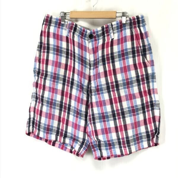 ラコステ/LACOSTE★100%リネン/麻/チェック柄/ハーフ/ショートパンツ【メンズ44/W90cm/白×ピンク×黒】ズボン/Pants/Trouser◇cBH903拍卖