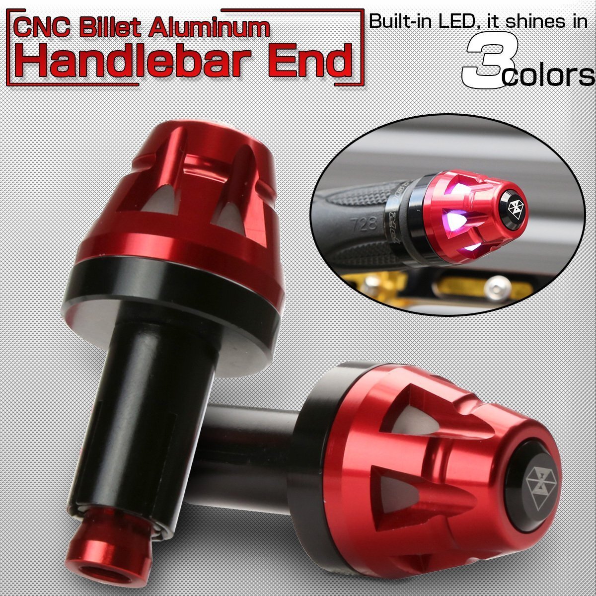 LED内蔵 CNC アルミビレット バーエンド キャップ レッド ハンドル グリップエンド 内径13-20mm 3色発光 F-502-R拍卖