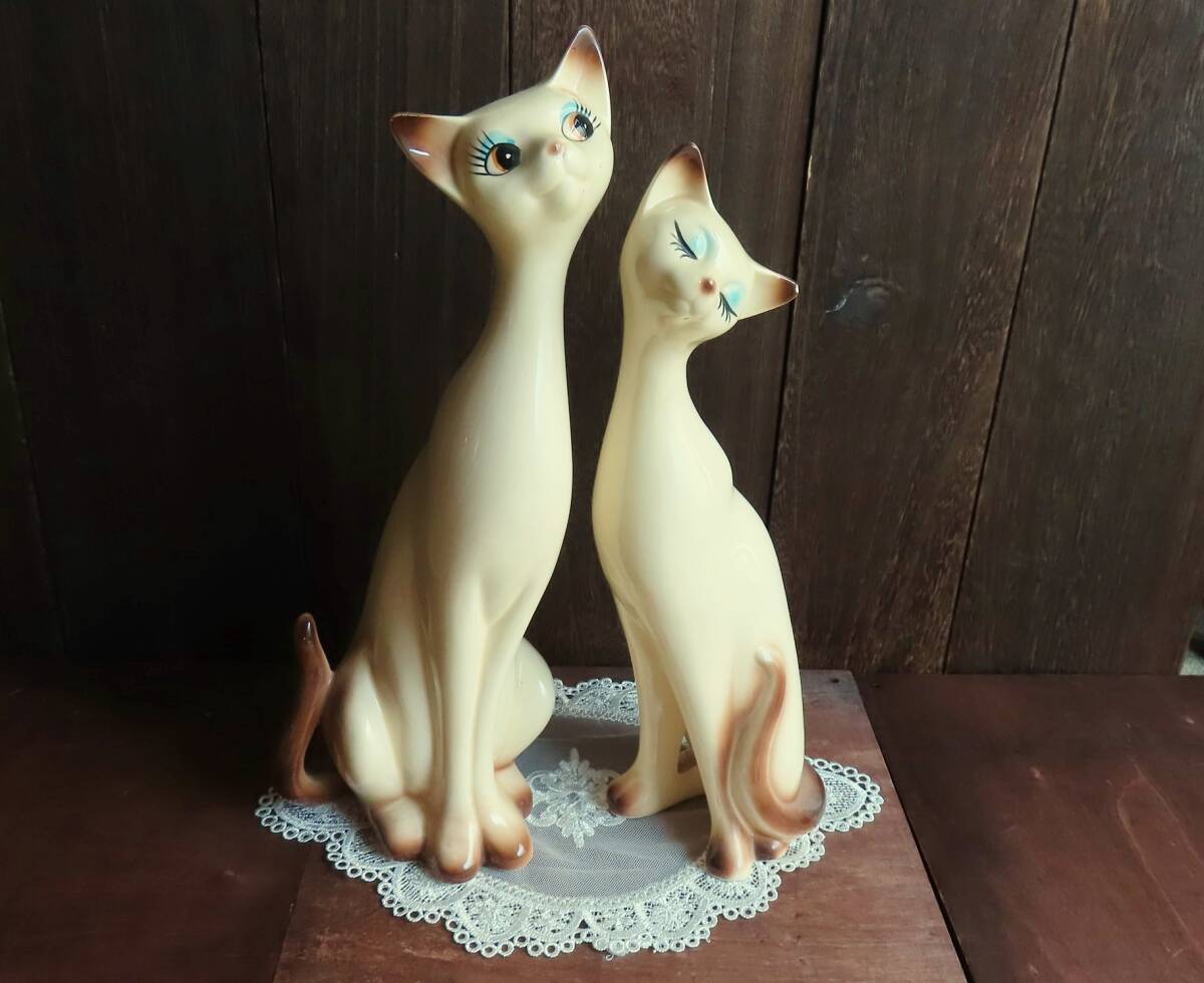 当時物 昭和レトロ 陶器 猫 置物 ペア/アンティーク ヴィンテージ拍卖