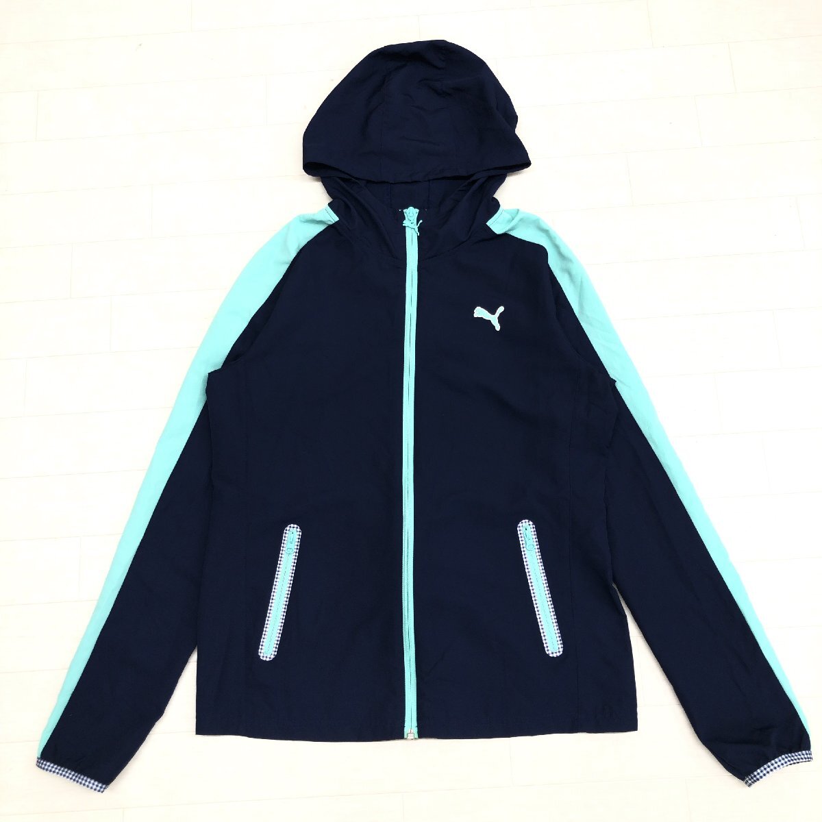 美品 PUMA プーマ DRYCELL ロゴ刺繍 フーデット ウーブン ジャケット L 濃紺 ネイビー ジャージ パーカー フーディ ブルゾン レディース拍卖