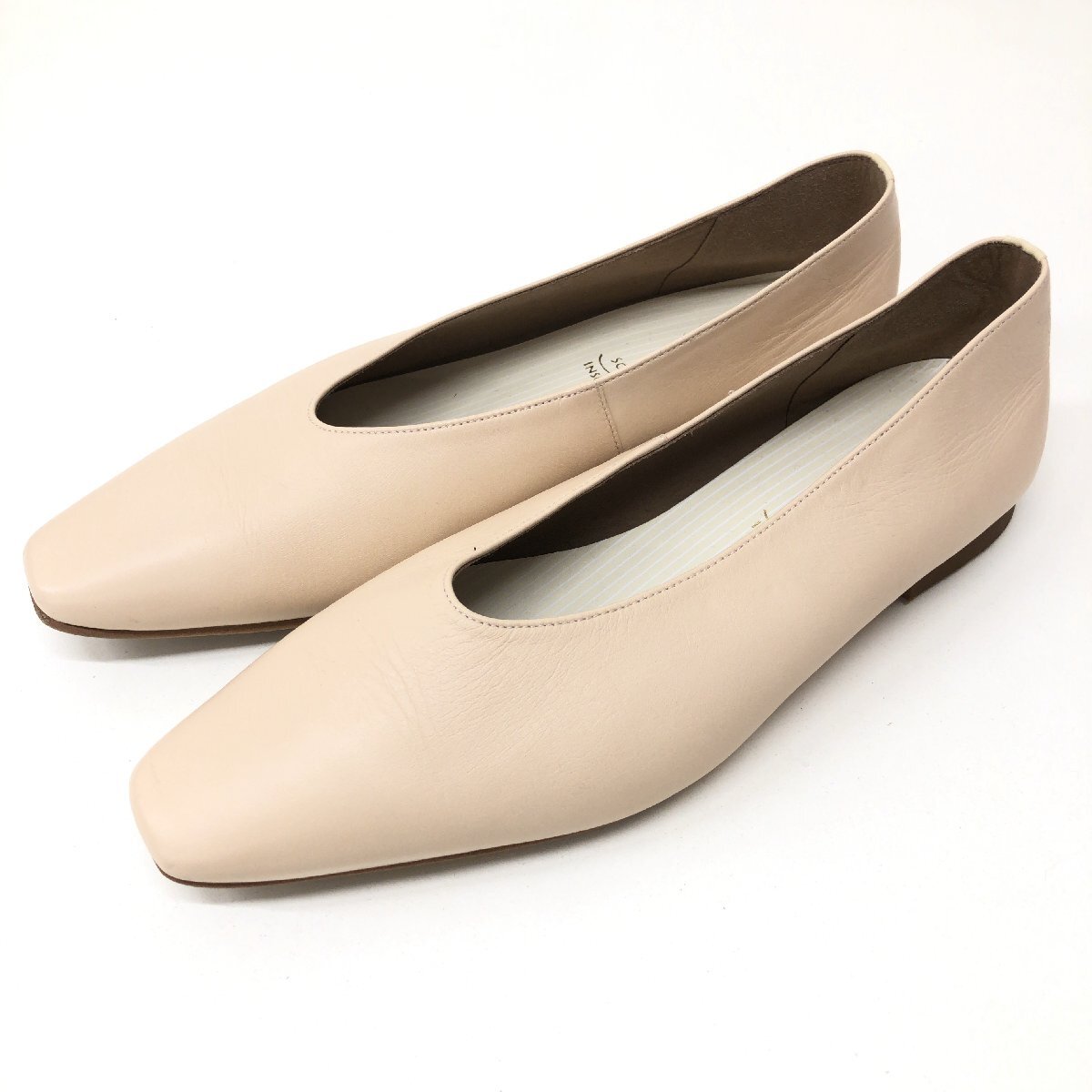 ●美品 MODE KAORI モードカオリ 定価14,850円 スクエアトゥ 本革 レザー Vカット フラットシューズ 24.5cm ヌードカラー パンプス 日本製拍卖