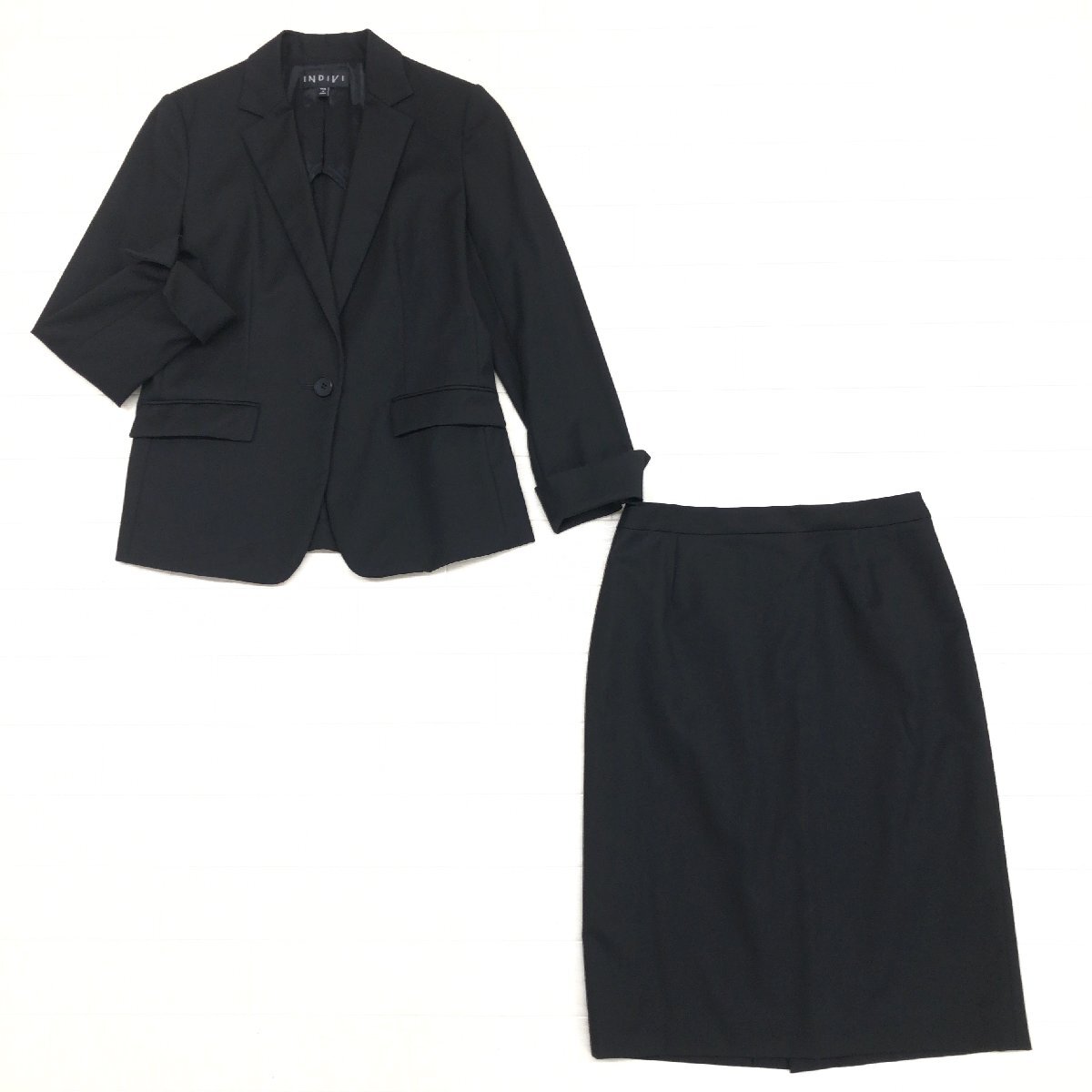 ●INDIVI インディヴィ スカートスーツ 上下セットアップ 38(M) 黒 ブラック ジャケット ビジネス 通勤 日本製 国内正規品 レディース 婦人拍卖