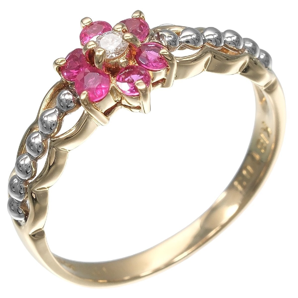 フラワー 8.5号 リング 指輪 K18YG イエローゴールド Pt900プラチナ ルビー 0.03/0.31 約2.4g【H122125415】中古拍卖