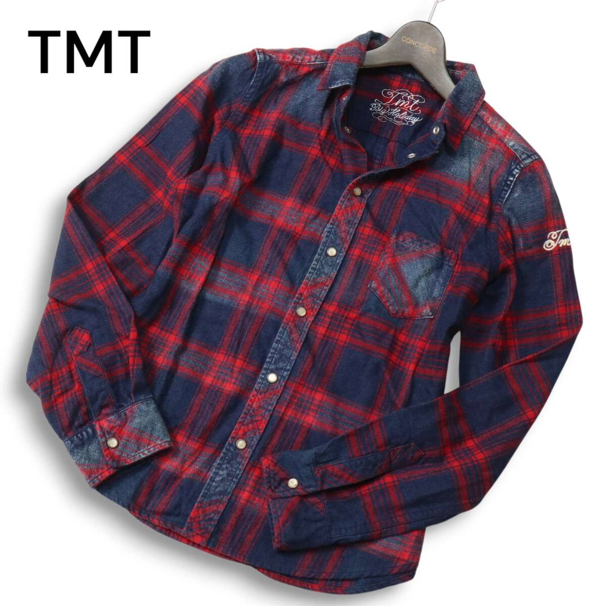 TMT ティーエムティー TWS-F1601 秋冬 インディゴ USED加工★ 長袖 チェック ネル シャツ Sz.M レディース 日本製拍卖