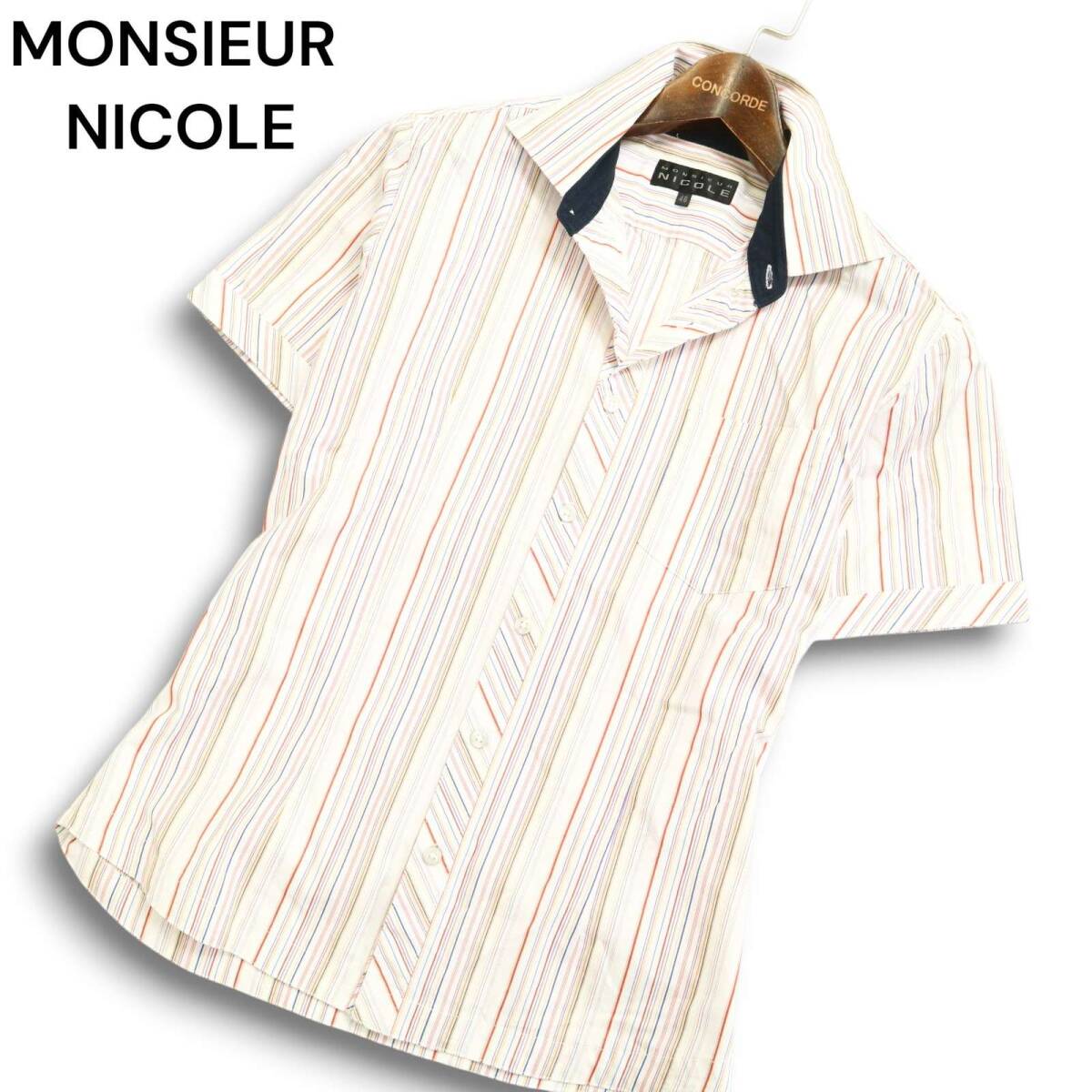 MONSIEUR NICOLE ムッシュ ニコル 春夏★ 半袖 ストライプ スリム シャツ Sz.46 メンズ拍卖