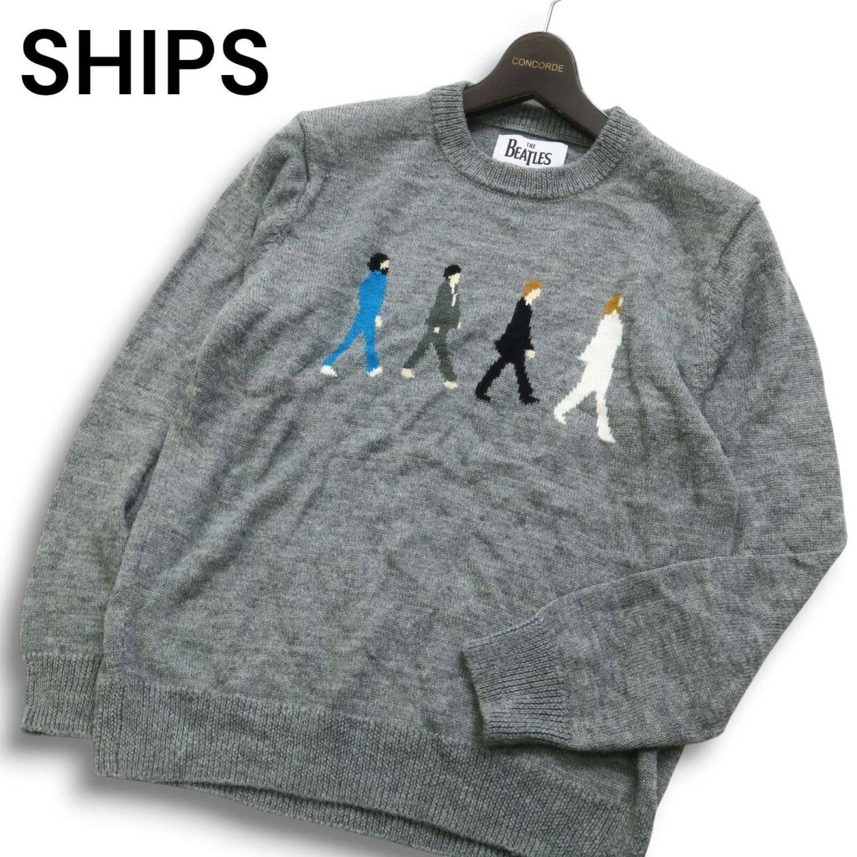 SHIPS × BEATLES シップス × ビートルズ 秋冬 ウール混★ クルーネック ニット セーター Sz.S メンズ グレー拍卖