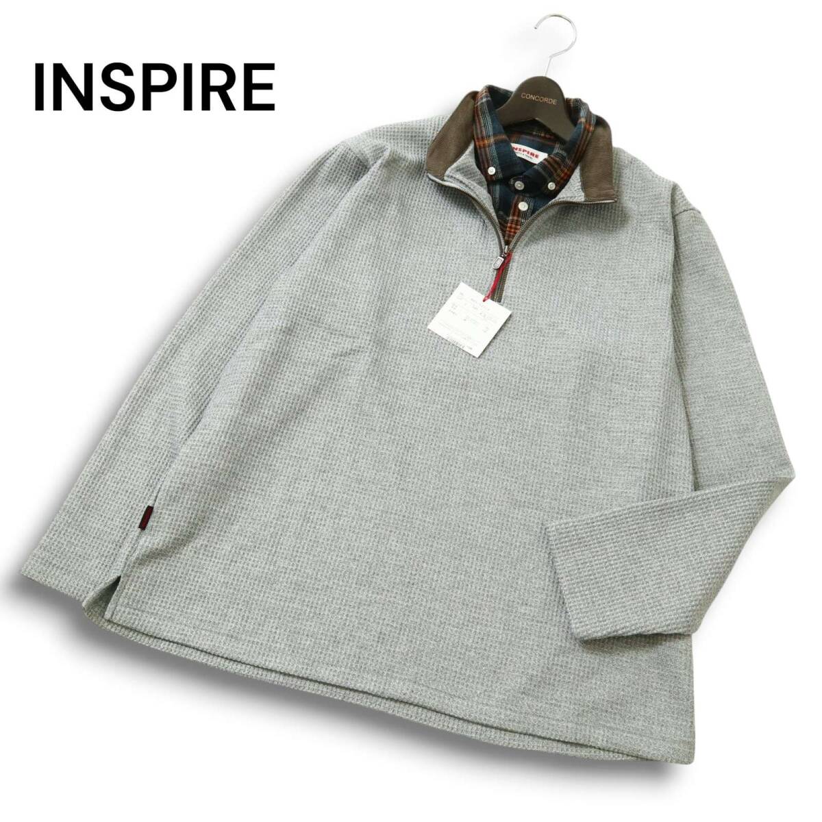 【新品 未使用】 INSPIRE インスパイア レイヤード風 長袖 ハーフジップ ポロシャツ プルオーバー Sz.LL メンズ 灰 大きい拍卖