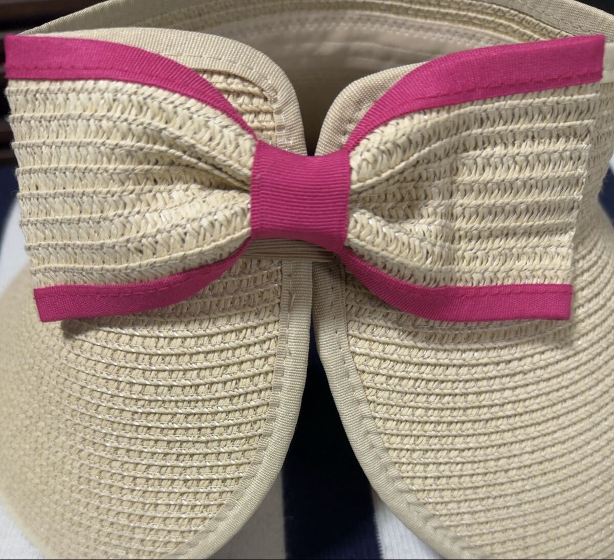 麦わら☆サンバイザー☆持ち運び便利方たためる麦わら☆リボン付デザイン☆未使用☆拍卖