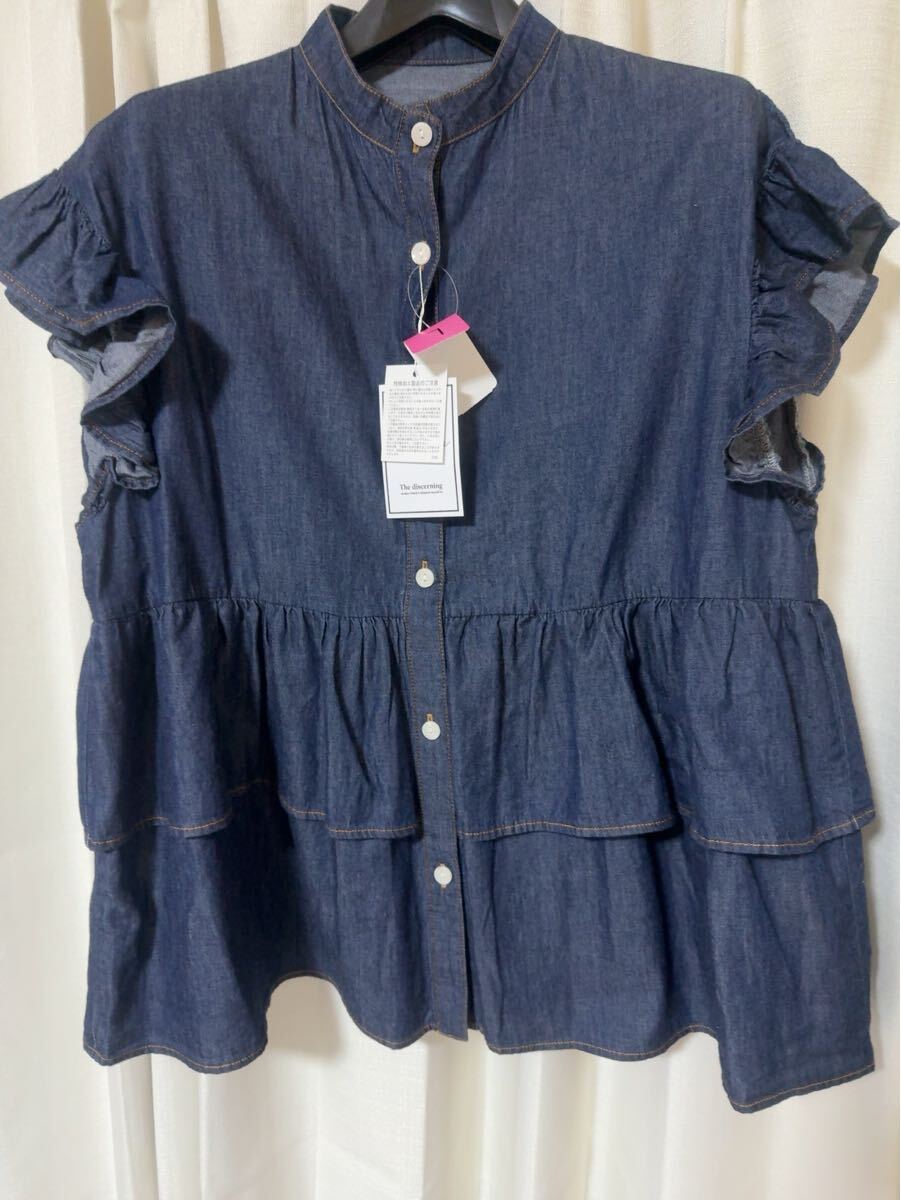 ブラウス☆ブルー系☆ シャツ☆ 半袖☆綿100☆レディース☆L☆ネイビー系☆タグ付☆新品☆フレンチスリープ☆通勤通学☆ゆったりふんわり拍卖