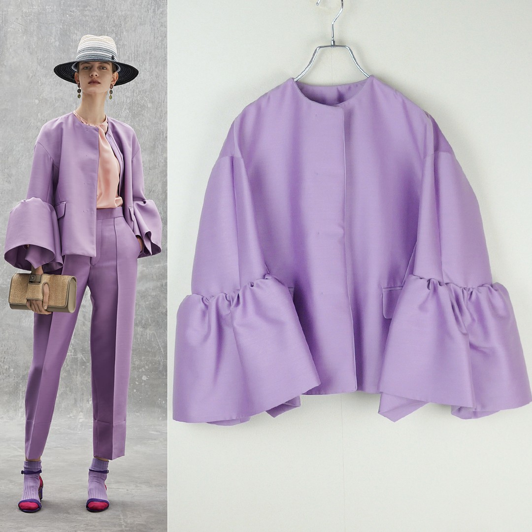 Drawer ドゥロワー 21SS ウールシルク フレアスリーブ ジャケット36 ライラック BLAMINK ノーカラージャケット フリルスリーブ拍卖