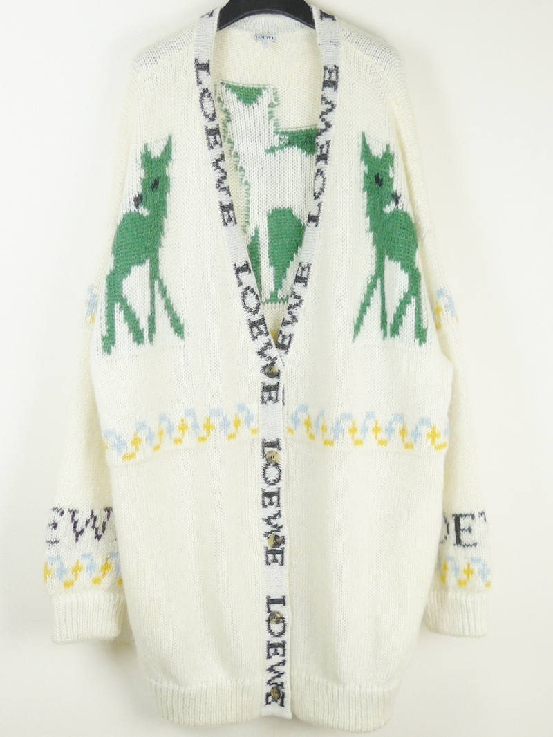 LOEWE ロエベ アニマル&ロゴ モヘアロングカーディガンL シカ 鹿 キッドモヘヤ オーバーサイズ ニット JWアンダーソン レディース拍卖