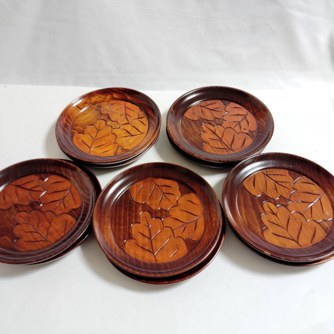 木彫り 茶托 10客セット 菓子器 銘々皿 天然木製 和食器 会席道具 銘木 葉っぱ柄 伝統工芸品 古民家拍卖