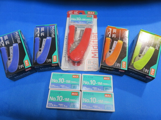 (A2)MAX 20枚綴じミディフラットホッチキス HD-10FS 4色5個と10号針№10-1M 5箱セット 送185円拍卖