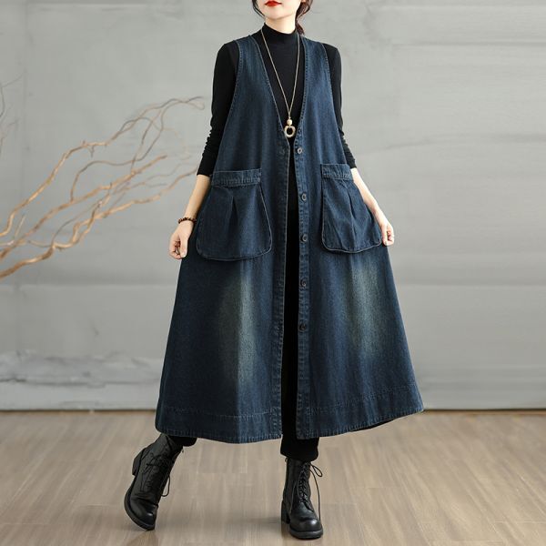 同梱1万円送料無料■秋新品 上質 デニムベスト ロングベスト レディース 袖なし ベストアウター ノースリーブ ベストコート 体型カバー★拍卖