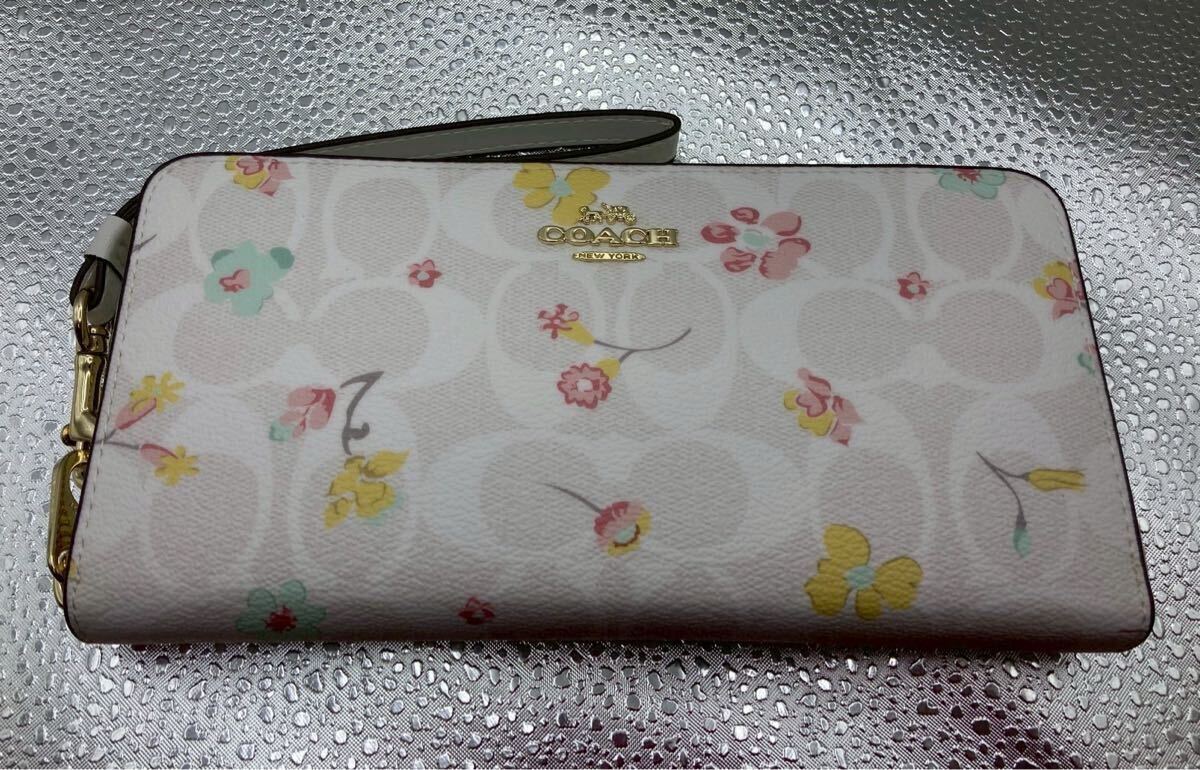 ★人気★新品★COACH 長財布 ラウンドファスナー コーチ ウォレット 大人気スタイル オシャレ ストラップ付き フラワーデザイン!拍卖