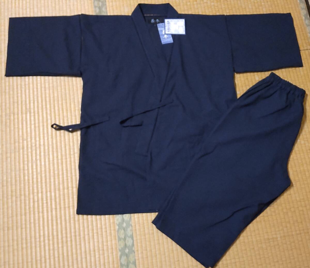 新品 七分丈パンツ甚平 上下セット L 紺 しじら織 ズボンの左右ポケット大きめ■送600拍卖