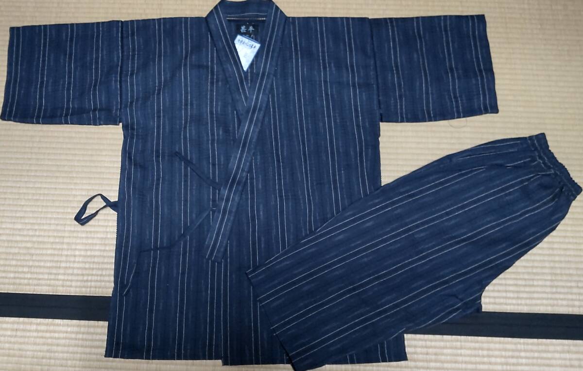 新品 七分丈パンツ甚平 上下セット LL 紺に白の縞 しじら織■送600拍卖
