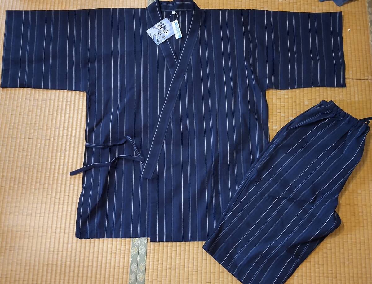 新品 甚平 上下セット Lサイズ 紺に青と白の縞 タコ糸無し仕様■送600拍卖