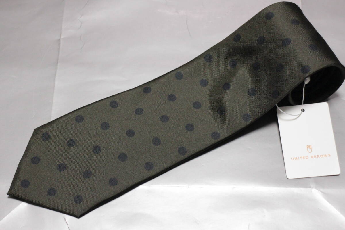 ユナイテッドアローズ*カネパ新品ネクタイ超シック艶美麗オリーブグリーン*ネイビードット極上ツイル織イタリアンシルクハンドメイド拍卖