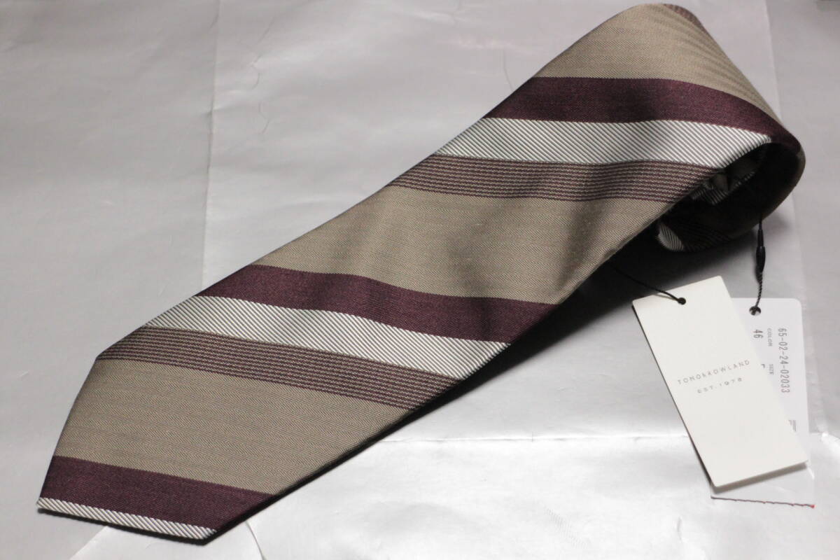 トゥモローランド*カネパ新品ネクタイ超シック美麗ベージュ*ボルドー*シルバーレジメンタル極上生地織柄切返しマルチラインハンドメイド拍卖
