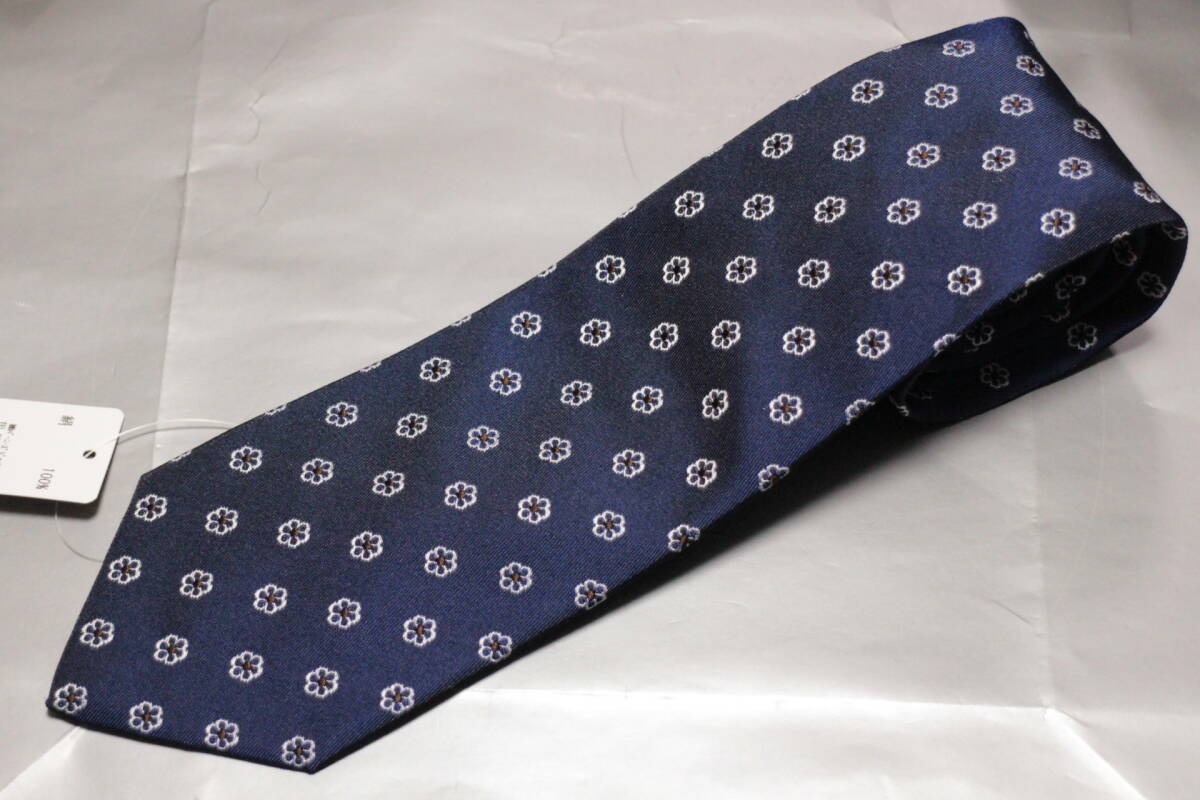 ステファノビジ*バーニーズ新品ネクタイ超艶美麗ブルーネイビー*シルバー*ブラウン花小紋重厚ジャガード織フルハンドメイド拍卖