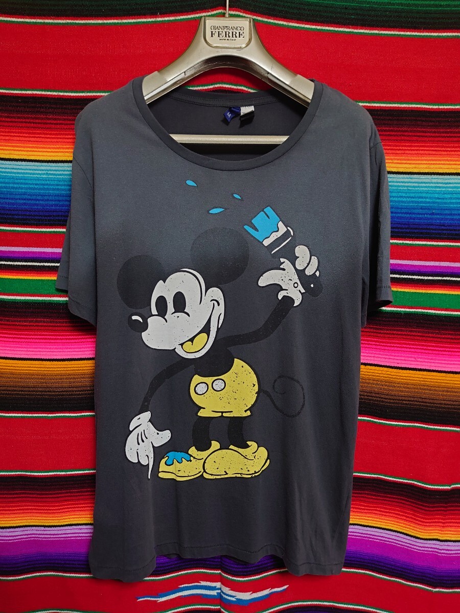 H&M エイチアンドエム ディズニーコラボ ペイント スマイル ミッキーマウス プリントTシャツ Мサイズ チャコールグレー イエロー ブルー拍卖