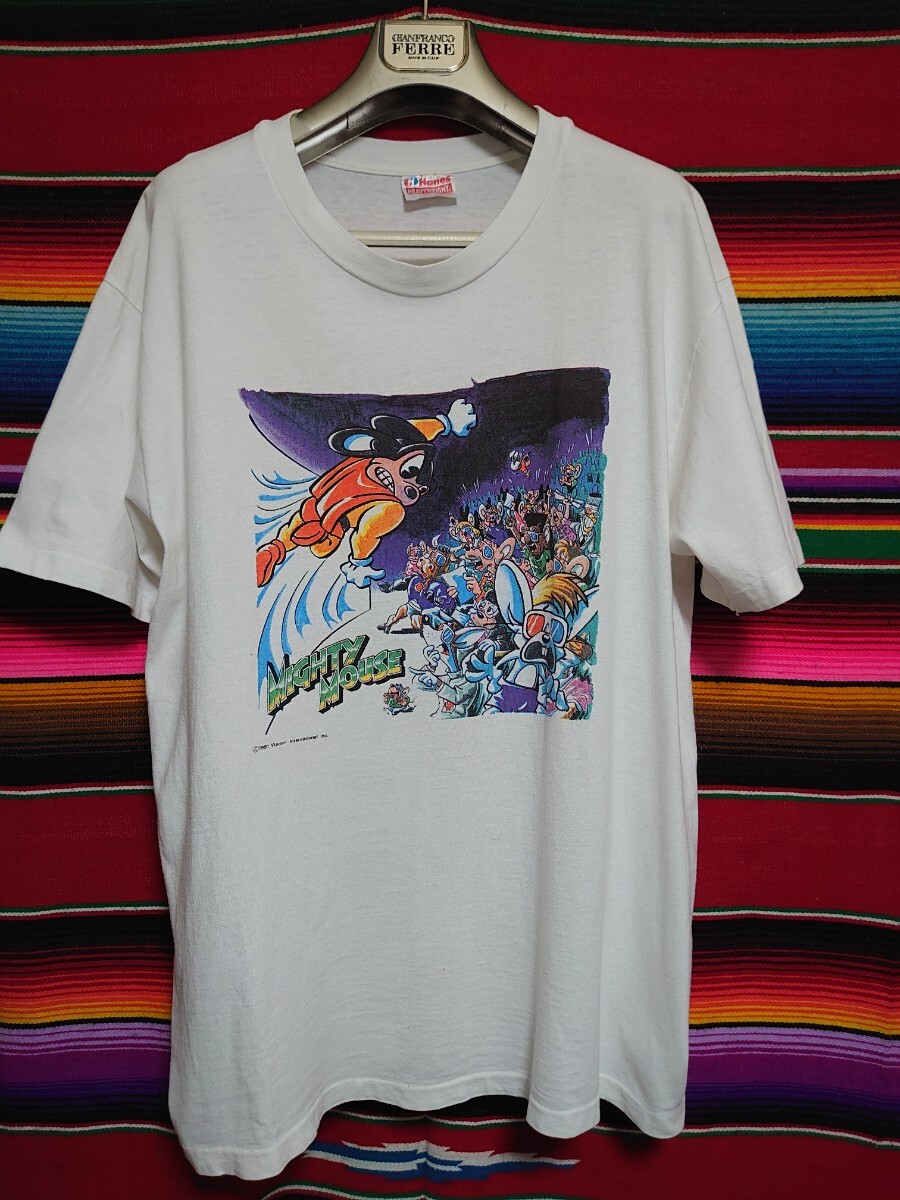 Hanes ヘインズ ヴィンテージ バイアコムインターナショナル社 1991 マイティマウス プリントTシャツ 古着 美品 Lサイズ ホワイト 拍卖
