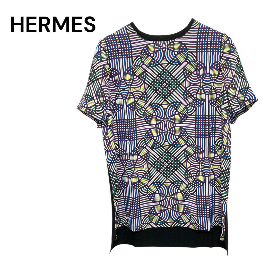 HERMES エルメス 幾何学模様 プリント シルク×ウール 半袖トップス 38 美品 マルチカラー × ブラック拍卖