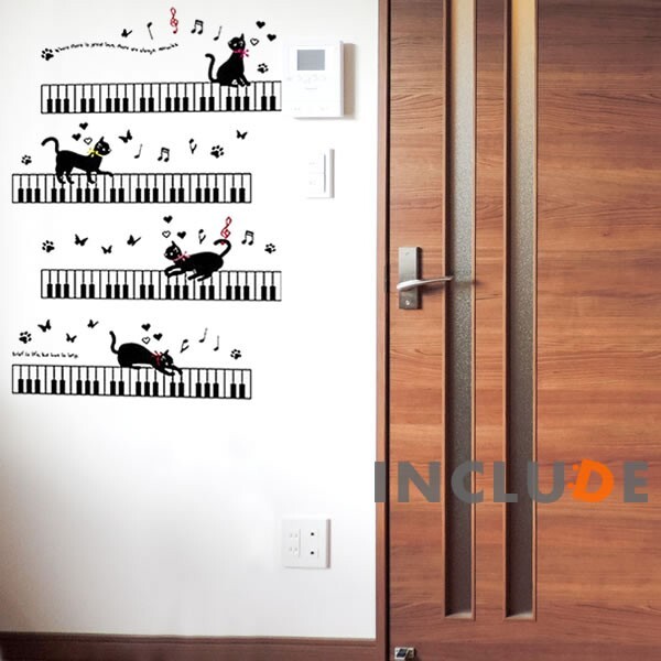 ウォールステッカー 猫とピアノ 猫と鍵盤 オルガン 音楽 キャット 遊び ドレミファソラシド フィルム 汚れ防止拍卖