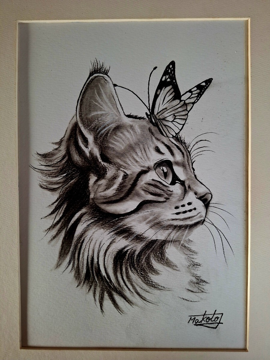 鉛筆画 猫とチョウ拍卖