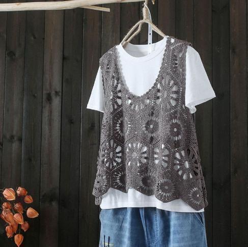 クロシェ編み ベスト グレー レース編み かぎ編み レトロ ビスチェ おしゃれ拍卖