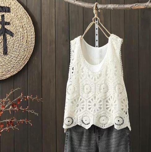 クロシェ編み ベスト ホワイト レース編み かぎ編み レトロ おしゃれ拍卖