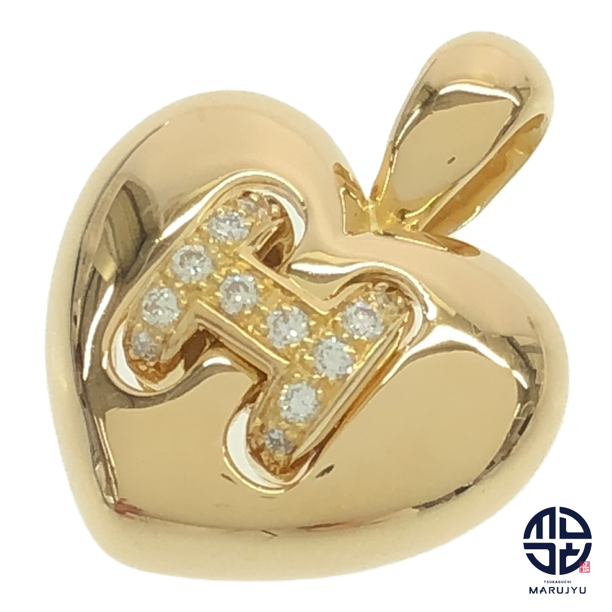 HERMES エルメス 750YG 18金イエローゴールド K18 ヴィンテージ オランプ ハートモチーフ Hロゴ ダイヤ ペンダント チャーム ジュエリー拍卖