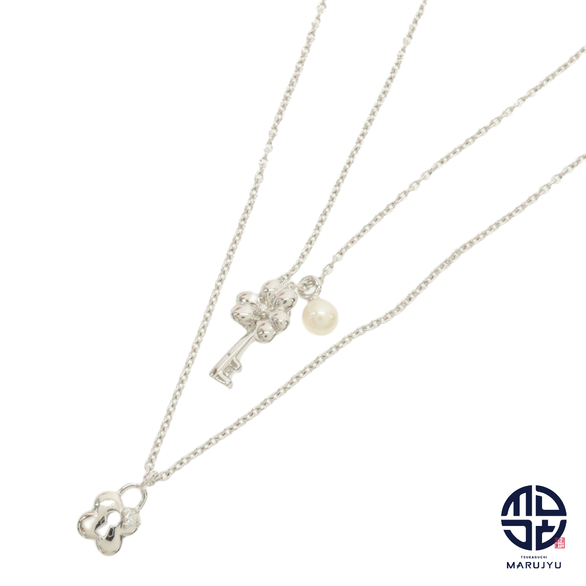 TASAKI タサキ 田崎 SILVER シルバー ダイヤ0.01ct パール1P カデナ キー モチーフ 2連ネックレス ジュエリー アクセサリー ブランド拍卖