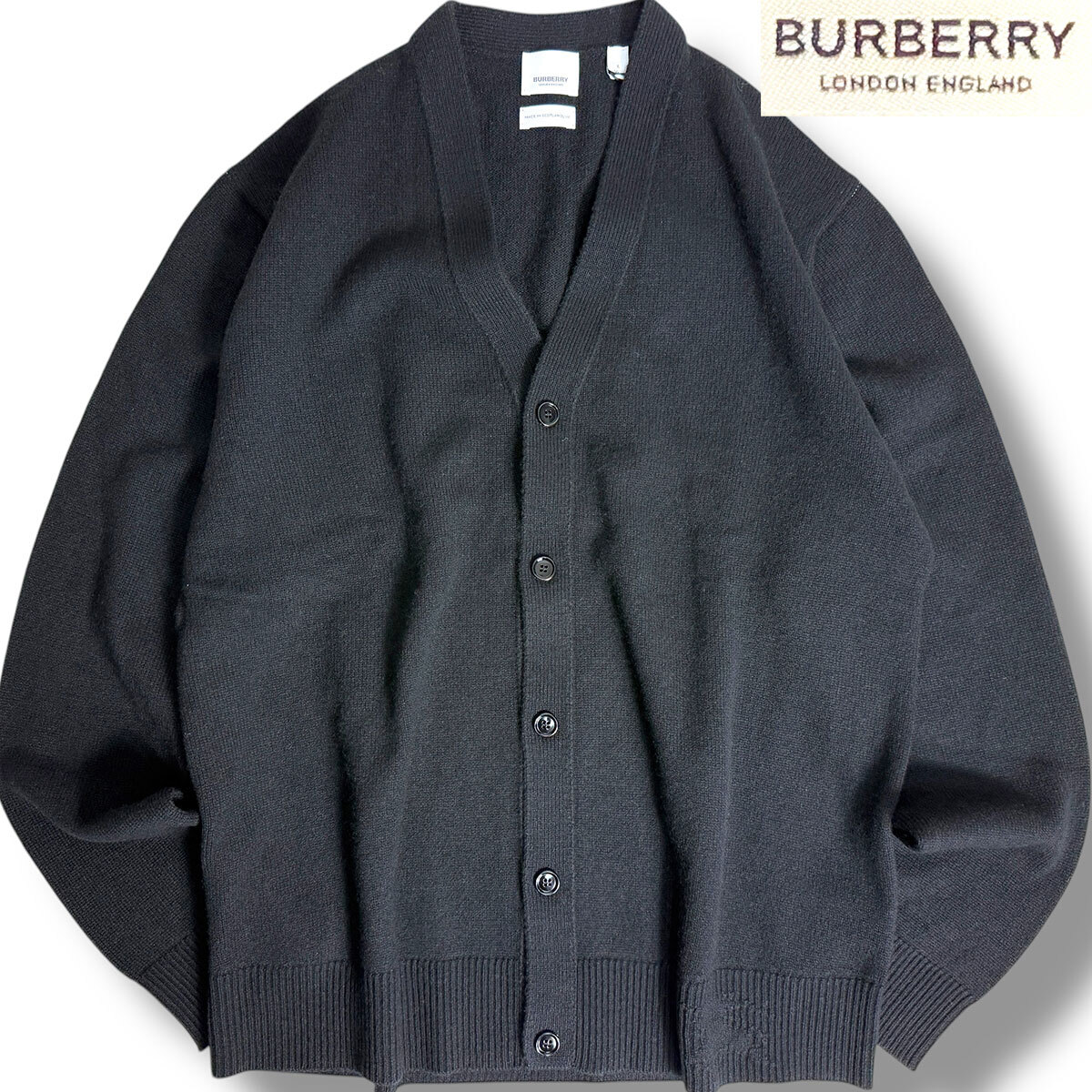 J6221 新品 バーバリー リカルドティッシ期 UK製 リブホースマーク カシミヤ100% ニットカーディガン ブラック L BURBERRY拍卖