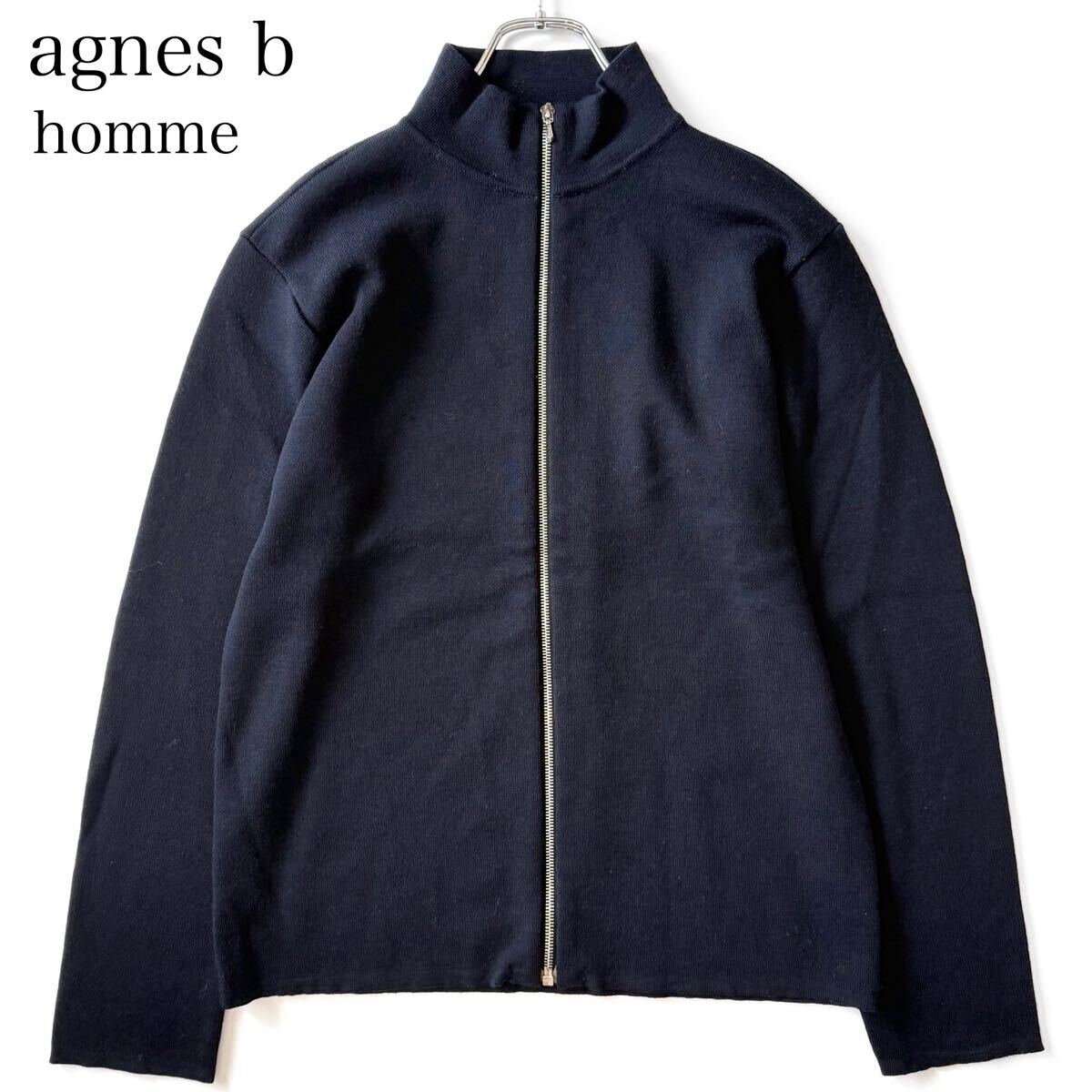 【フランス製】agnes b homme アニエスベーオム ドライバーズニット ハイネック トラックジャケット ジップアップ カーディガン ロゴ 濃紺拍卖