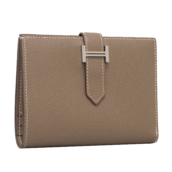 送料無料 本物 極美品 HERMES エルメス ベアンコンパクト ヴォーエプソン エトュープ D刻印 SV金具 コンパク財布 メンズ レディース拍卖