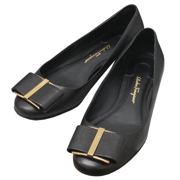 送料無料 本物 サルヴェトーレ フェラガモ バレエシューズ 靴 サイズ5.5C 22.5cm ヴァラリボンレディースシューズ レザー ブラック拍卖