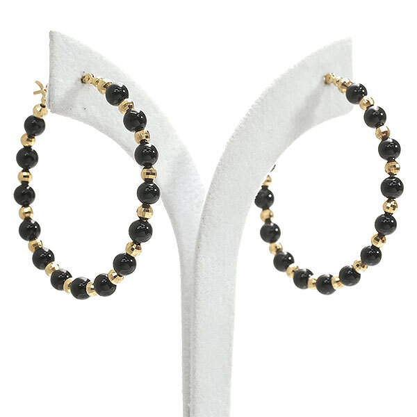 送料無料 本物 デザインピアス フープピアス K18YGイエローゴールド オニキス レディースアクセサリー おしゃれ 可愛い ファッション小物拍卖