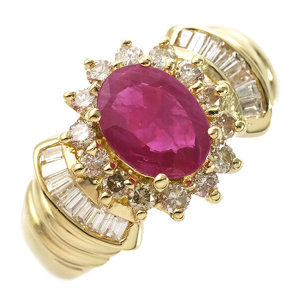 送料無料 本物 ルビーダイヤモンドリング 指輪 K18YGイエローゴールド ルビー1.07 ダイヤ0.50 13号 仕上げ済み エレガント 高級 おしゃれ拍卖