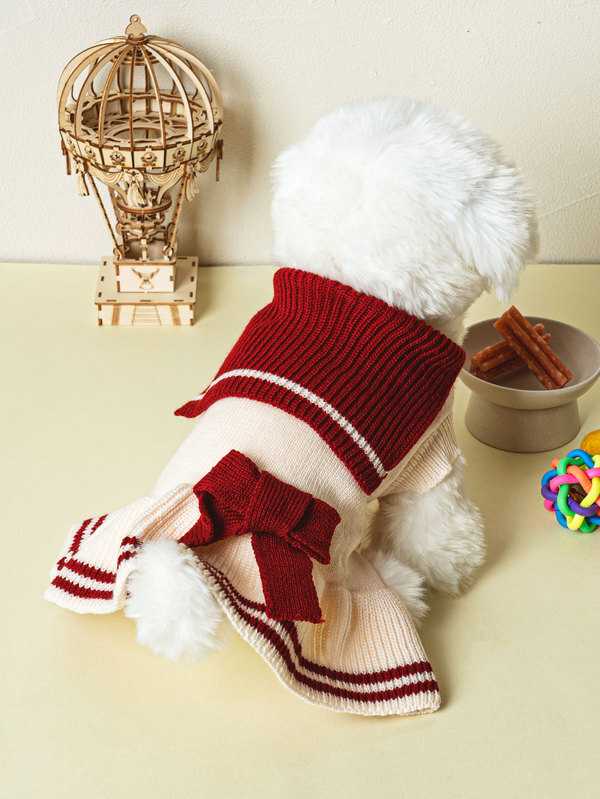 ペット 服 ka犬 ワンピース ニット フリル チア かわいい りぼん M ホワイト 制服拍卖