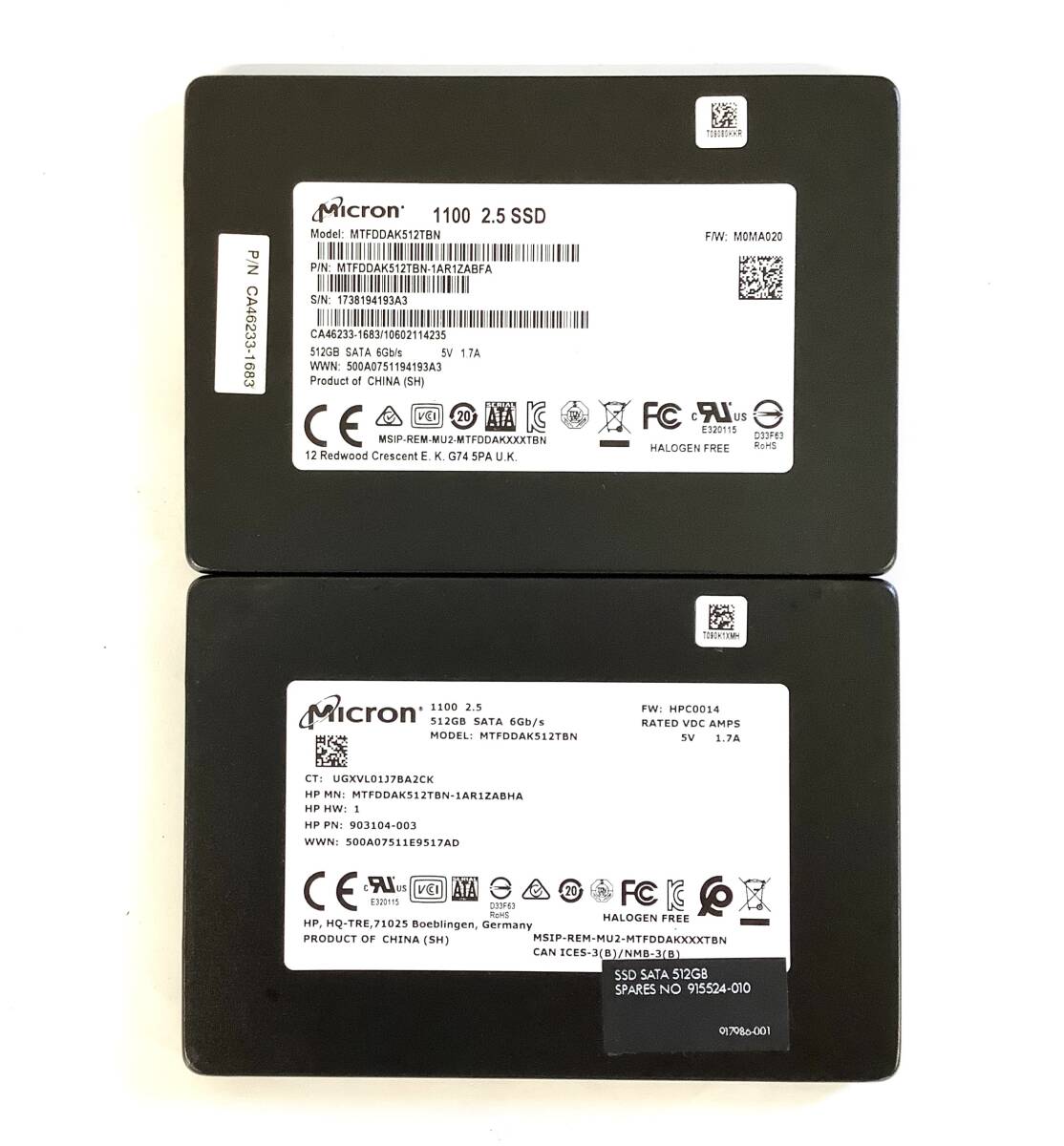 S70930154 Micron SATA 512GB 2.5インチ SSD 2点 【中古動作品】拍卖