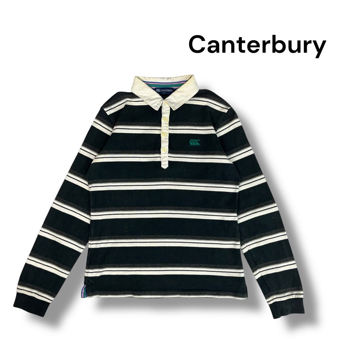 OK0918 レディース Canterbury カンタベリー 長袖 ポロシャツ ラガーシャツ ボーダー 胸元ロゴ刺繍 ブラック×ホワイト Lサイズ拍卖