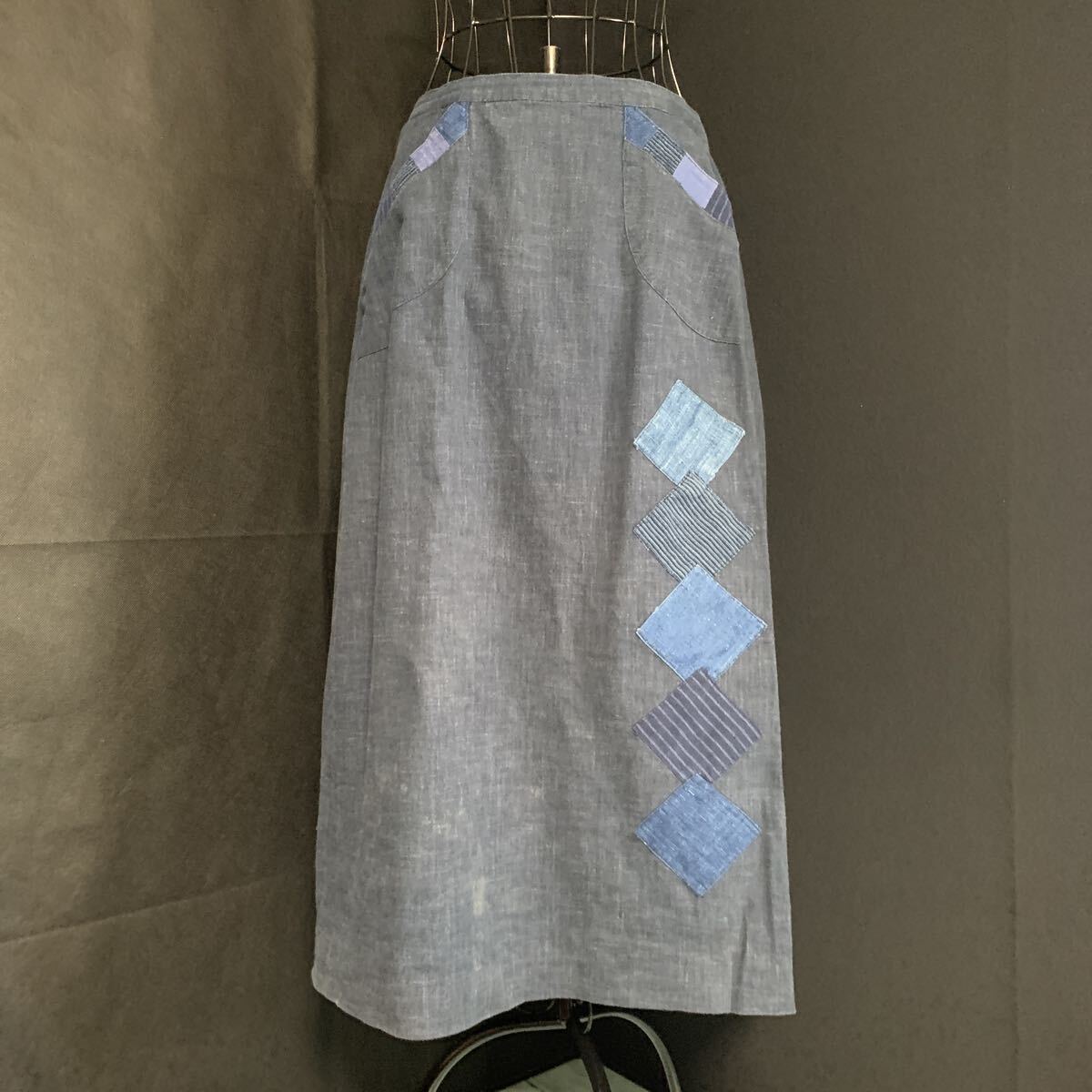 ☆スカート 絣 生地 リメイク素材 ハンドメイド 古布 型染め 手作り パッチワーク かすり カスリ ポケット付き (A-3012)拍卖