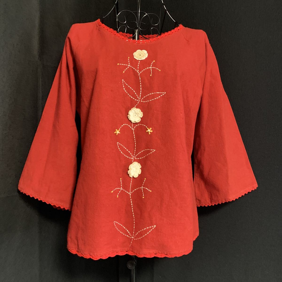 ☆ Ladies Fashion 手織り絣 赤 長袖 シャツ カスリ かすり トップス チュニック (A-3127)拍卖