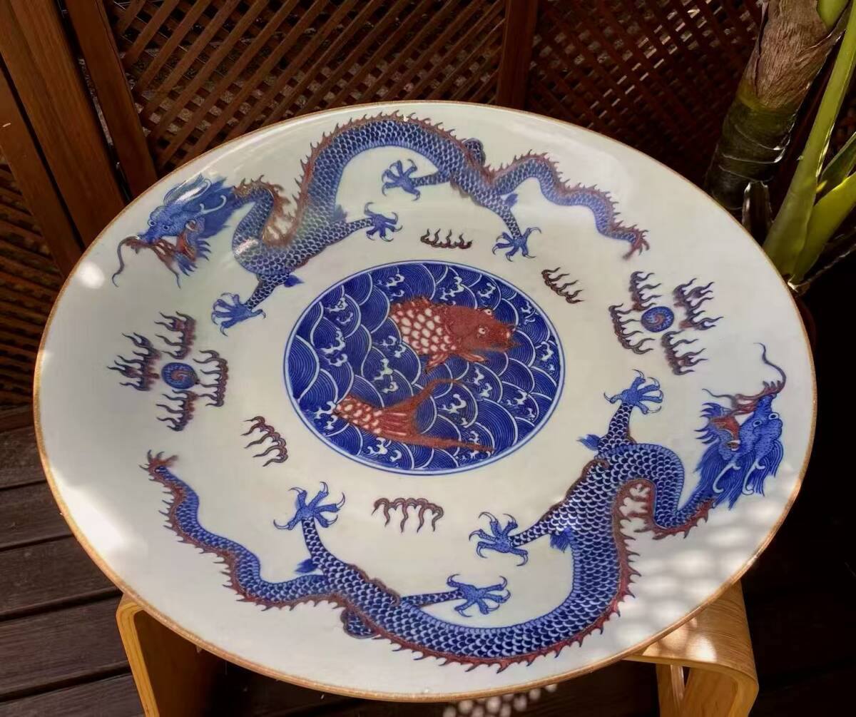 磁器大皿 時代旧蔵 清時代 康熙年制 五彩青釉神竜磁器大皿 古陶磁器 珍品旧蔵 古賞物 時代物 MS6-030725拍卖
