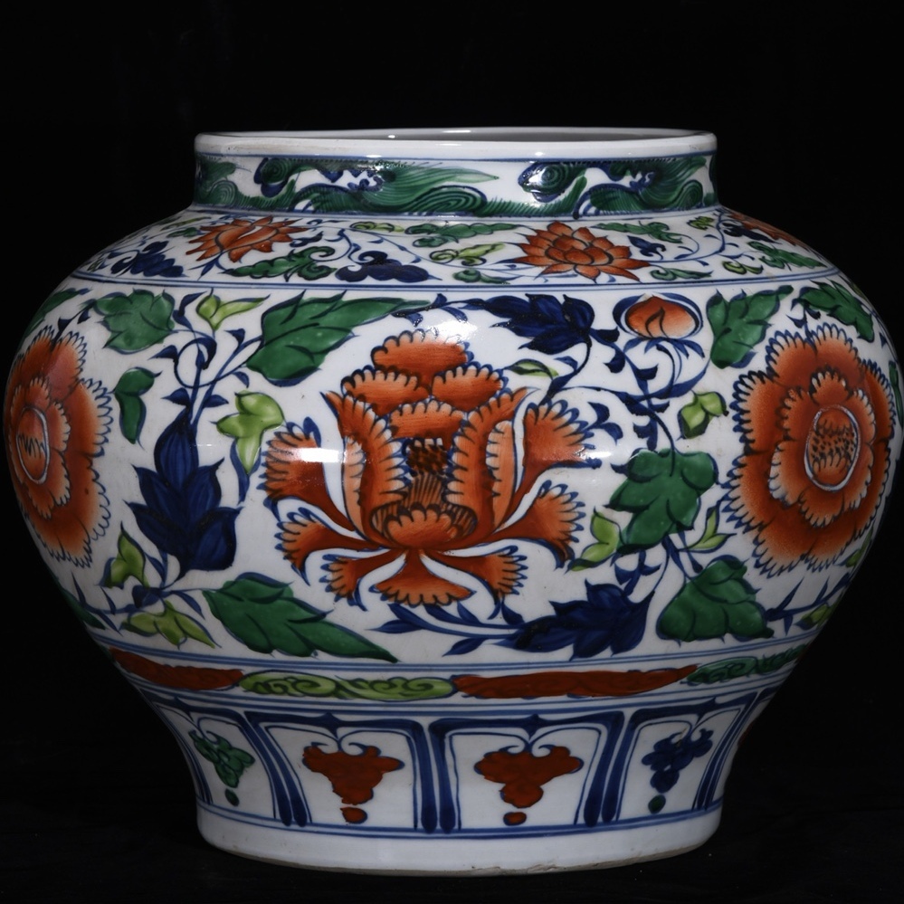 元時代 青花釉里紅 五色花紋甕 缸 秘蔵 34cm古陶磁器 陶芸 唐物 古賞物 時代物 骨董品 古置物 極細工 中国磁器 古美味 中国古玩921拍卖