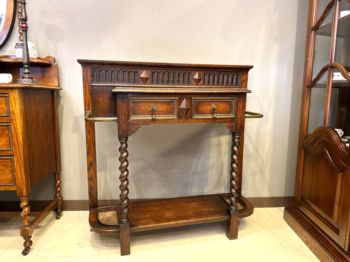 5I04 イギリスアンティーク バーリーシュガーツイストレッグオークステッキスタンド エントランスキャビネット拍卖