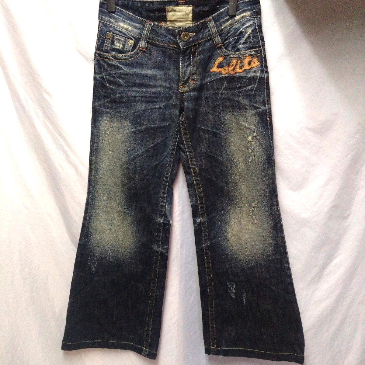 古着 LOLITA JEANS ブーツカットデニムパンツ28 ロリータジーンズ ジーパンフレア ユーズド ダメージ加工 刺繍 大きめ 拍卖